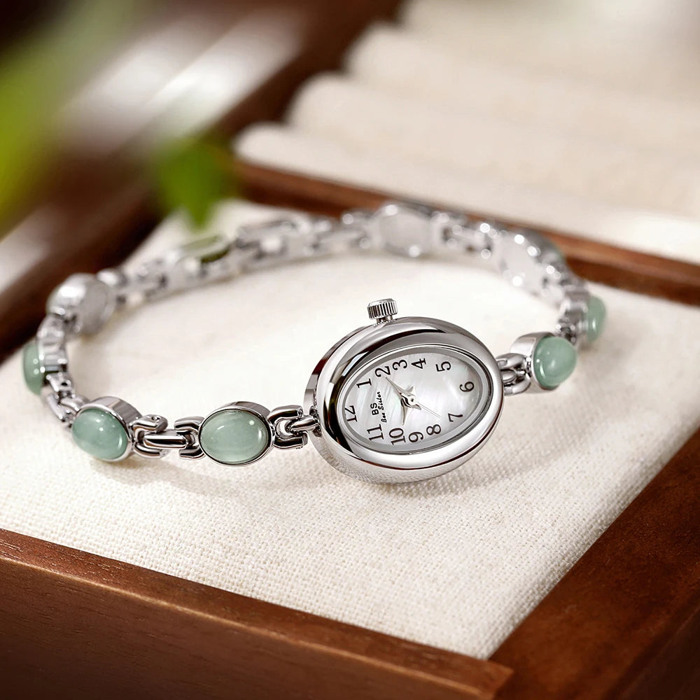 High-end Luxury Woman Watch Natural Jade Gold Bracelet Fashionable Retro Oval Quartz Ladies Dress Watches Small Dial Gold Silver