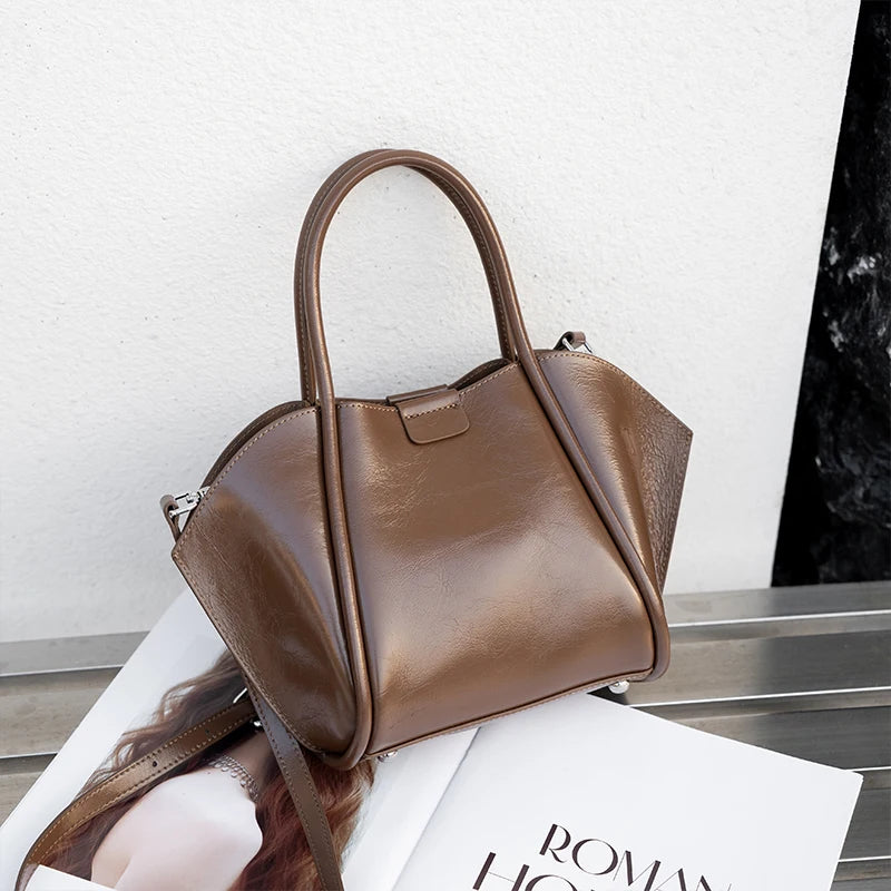 Genuine Cowhide Leather Top Handle Bag Set for Women Designer Oil Wax Leather Fan-Shaped Satchel with Matching Crossbody Pouch