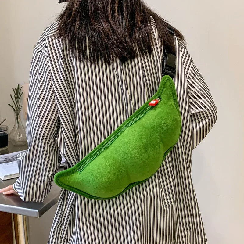 2026 Personality Creative Edamame Shape Ladies Messenger Bag Plush Pea Shoulder Bag Fun and Funny Chest Bag Bolsa De Mensajero