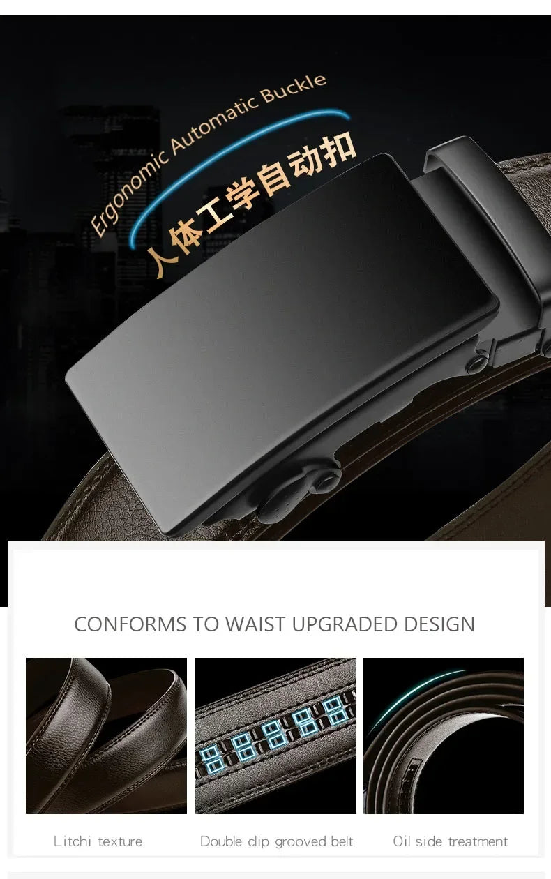 Black AutoBuckle Belt for Men, Famous Brand Business Belt PU Leather Waist Strap