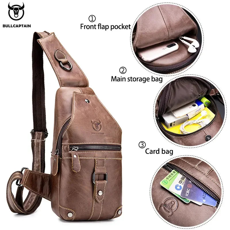 BULLCAPTAIN Retro Chest Bag For Men Men's Scratch-Resistant Cowhide Chest Bag Men's Casual Diagonal Chest Bag Large Capacity Bag