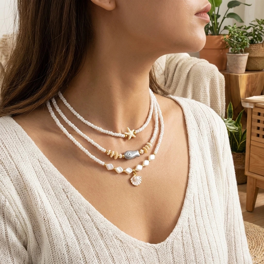 Tropical Fresh 3Pcs Layered Necklace Set For Women Starfish Fish Shell Rice Beaded Summer Beach Jewelry