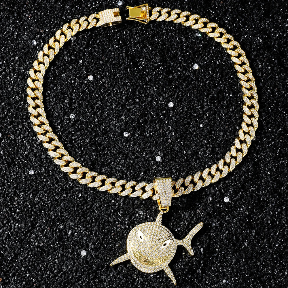 Big Size Shark Pendant Necklace For Men Hip Hop Bling Jewelry With 13mm Iced Out Rhinestone Miami Cuban Chain Fashion Jewelry