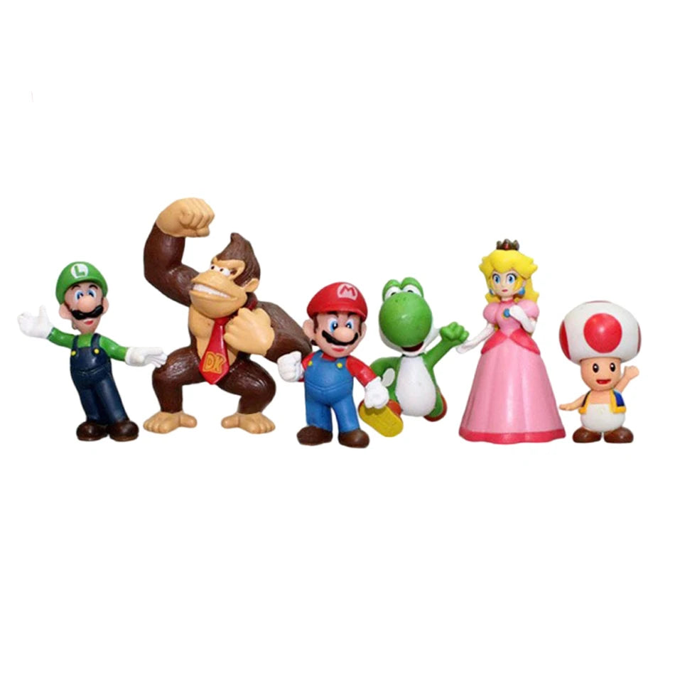 6Pcs Super Mario Bros PVC Action Figures Set Luigi Yoshi Donkey Kong Mushroom