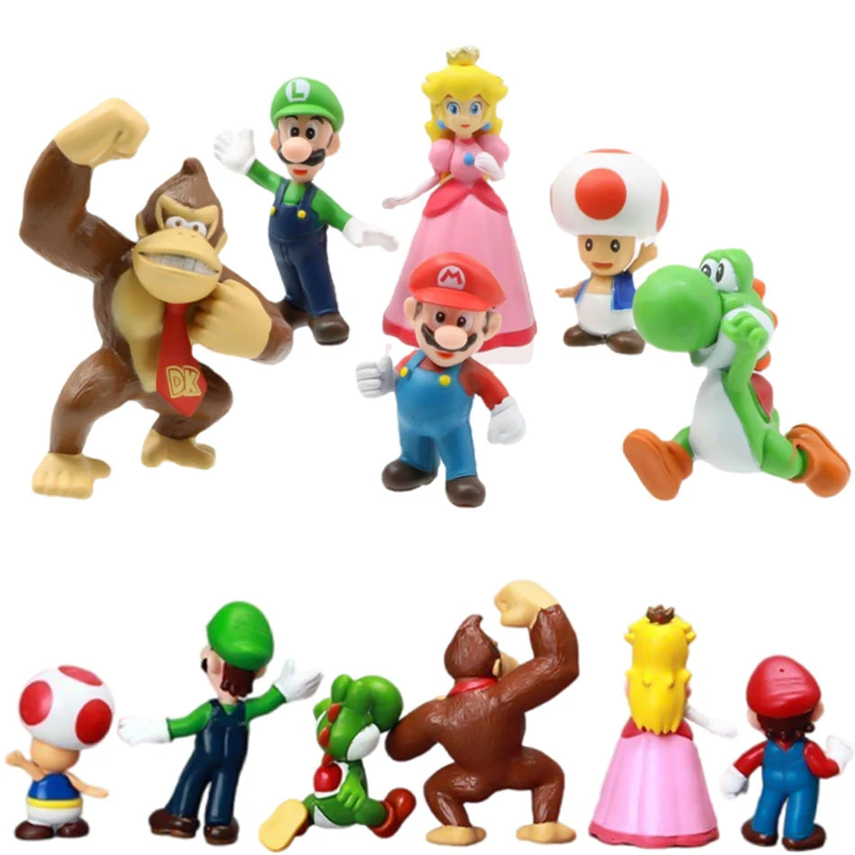6Pcs Super Mario Bros PVC Action Figures Set Luigi Yoshi Donkey Kong Mushroom