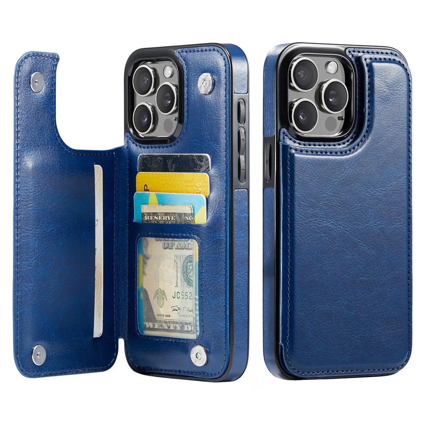 Blue Wallet Card Holder Case iPhone 16 15 14 13 12 Pro Max XS XR Leather Cover