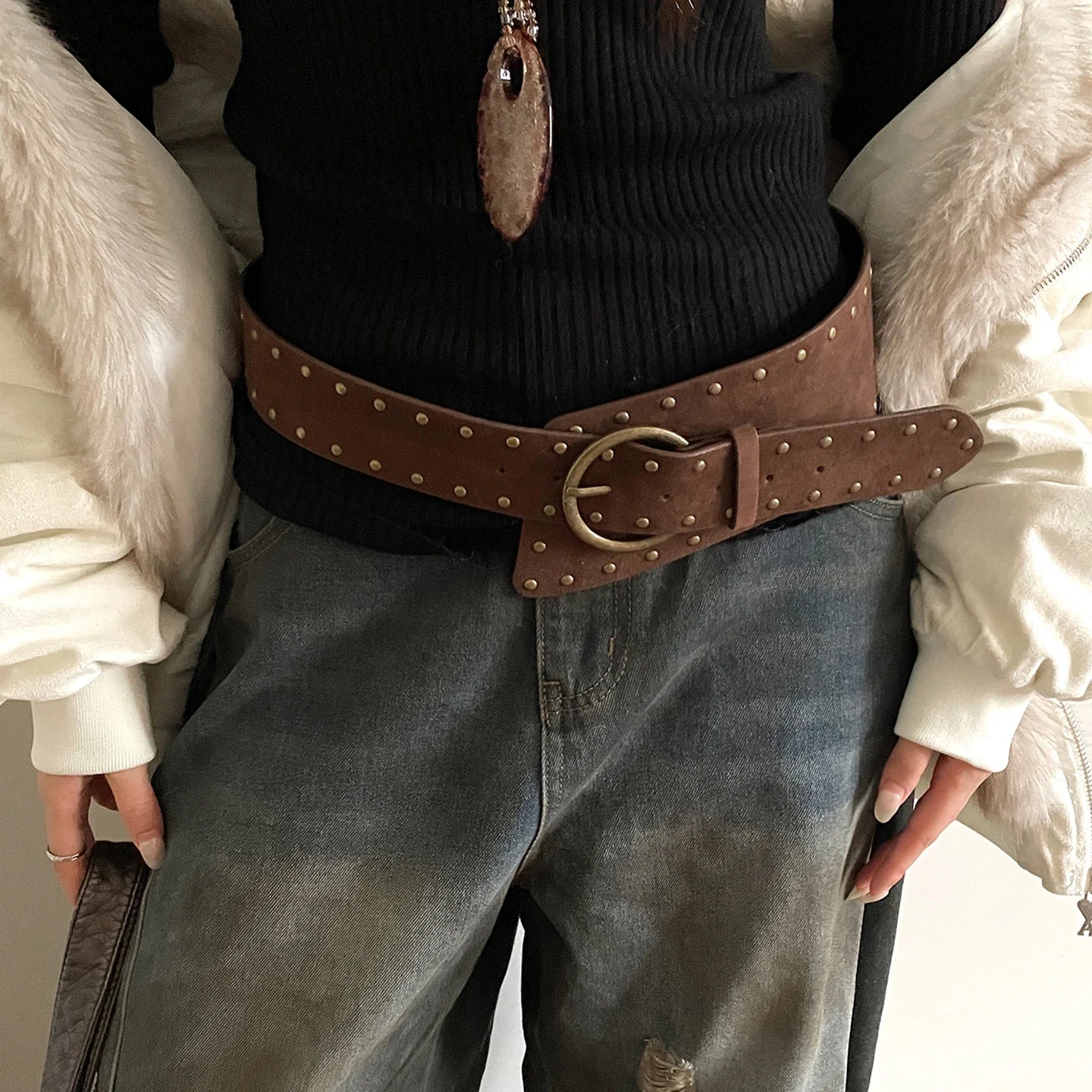 Retro American Punk Style Velvet Rivet Wide Belt For Women Design Sense Waistcoat With Skirt Jeans Belt