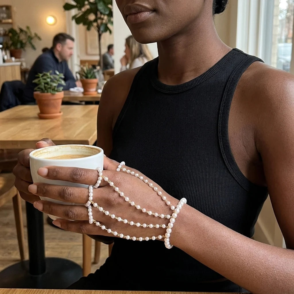 Boho Layered Faux Pearl Body Chain Gold Color Shoulder Necklace Finger Ring Bracelet for Women Summer Beach Vacation Jewelry