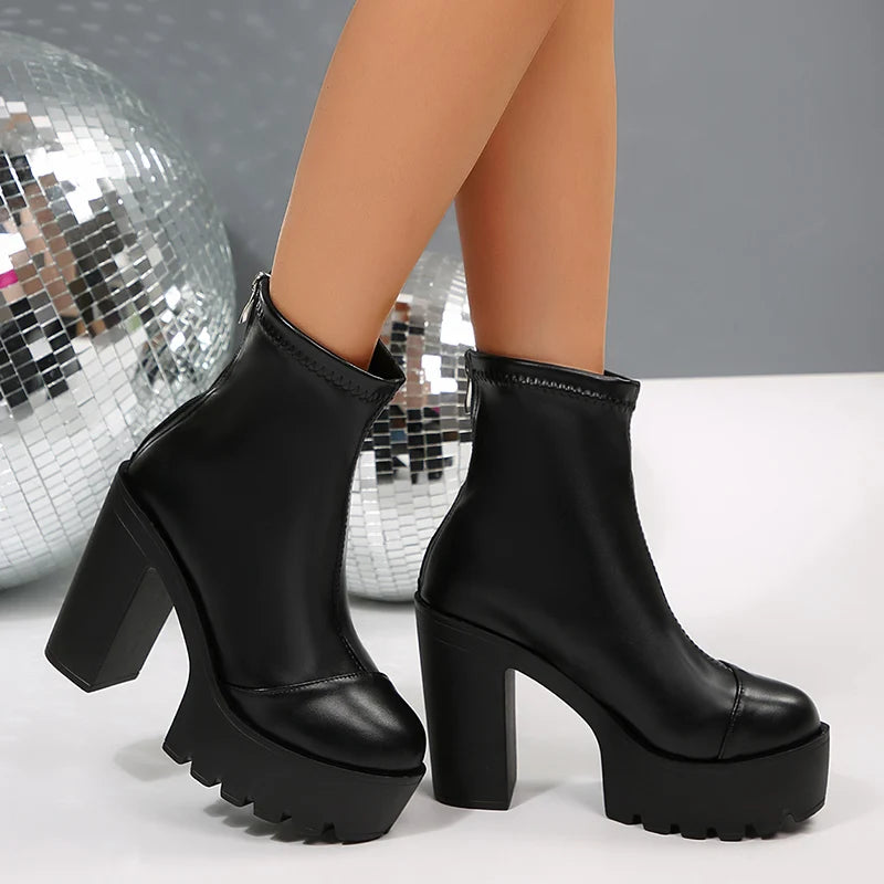 Chunky High Heels Ankle Boots Women Fashion Punk Thick Heel Black Short Booties Mujer Back Zipper Pu Leather Goth Boots Female