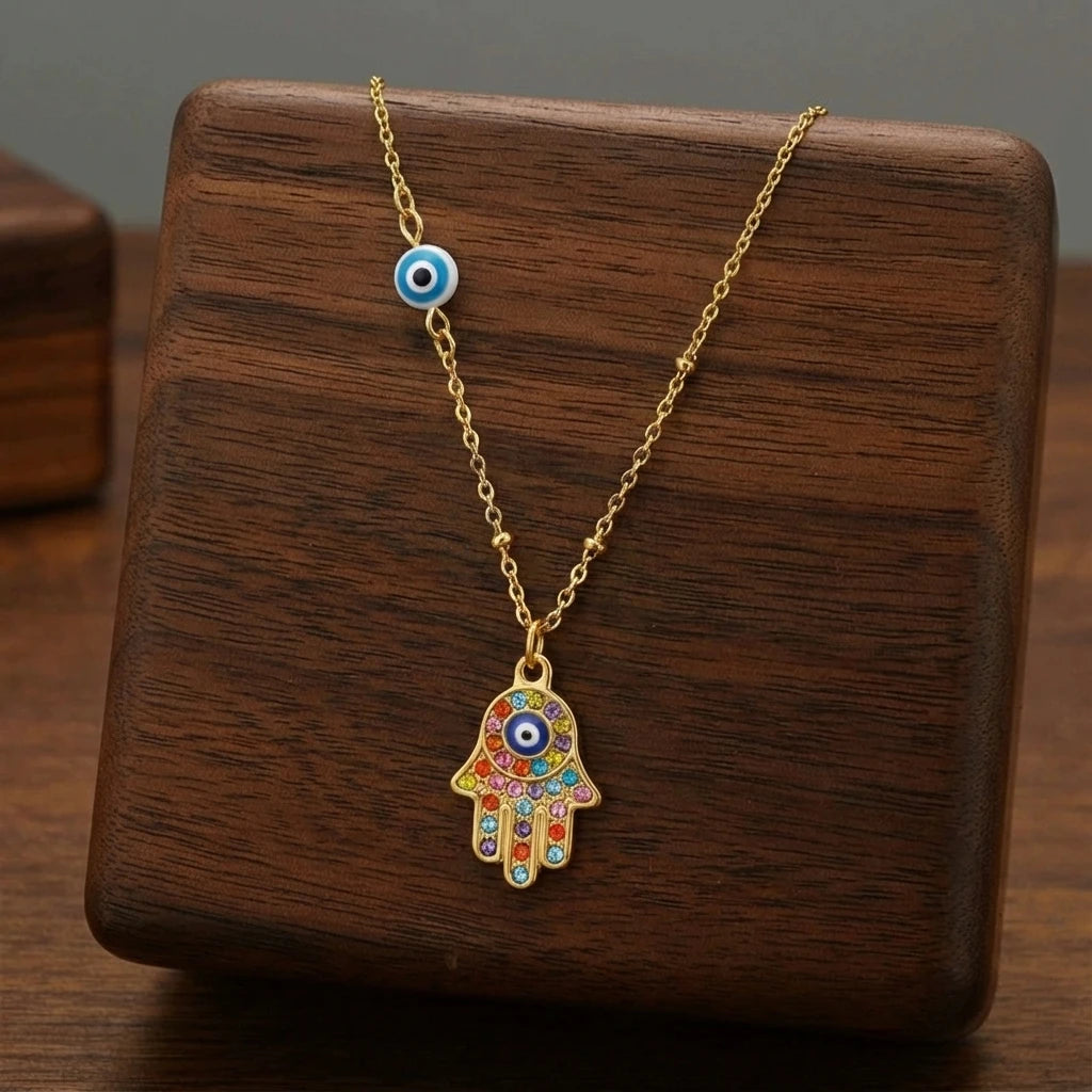 Turkish Hamsa Evil Eye Necklace For Women Stainless Steel Gold Color Fatima Hand Pendant Neckalce Lucky Jewelry Birthday Gift