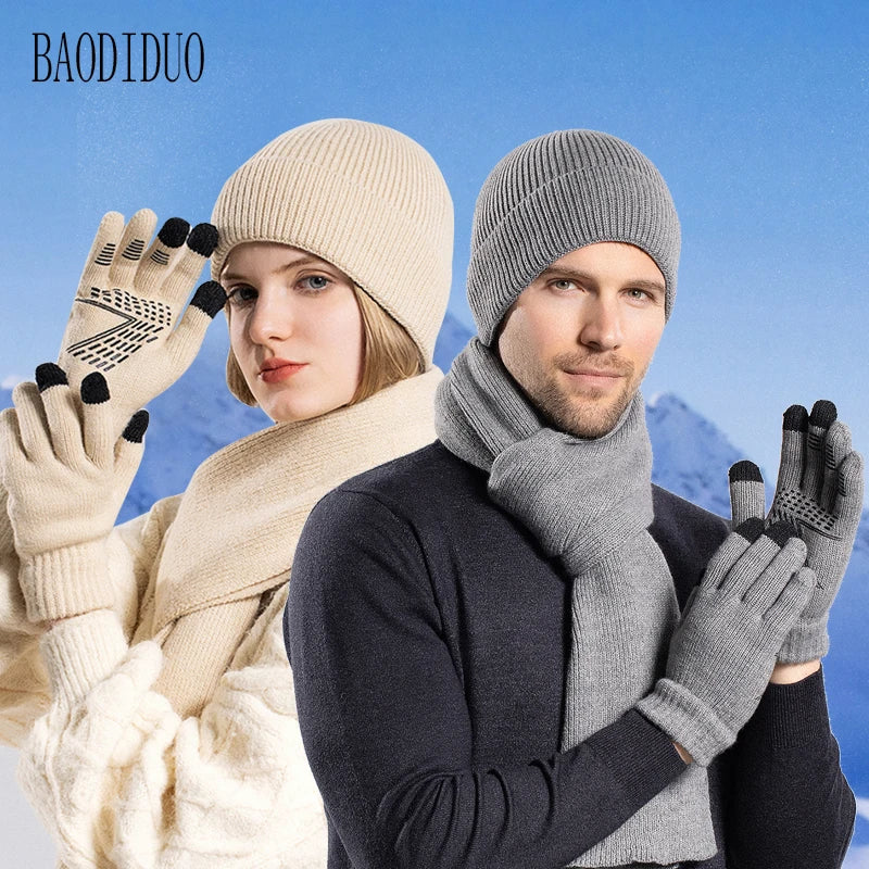 Xinbaoguan 100% acrylic 8396 winter hat, gloves, scarf, warm set, men's and women's outdoor ear protection, knitted wool hat