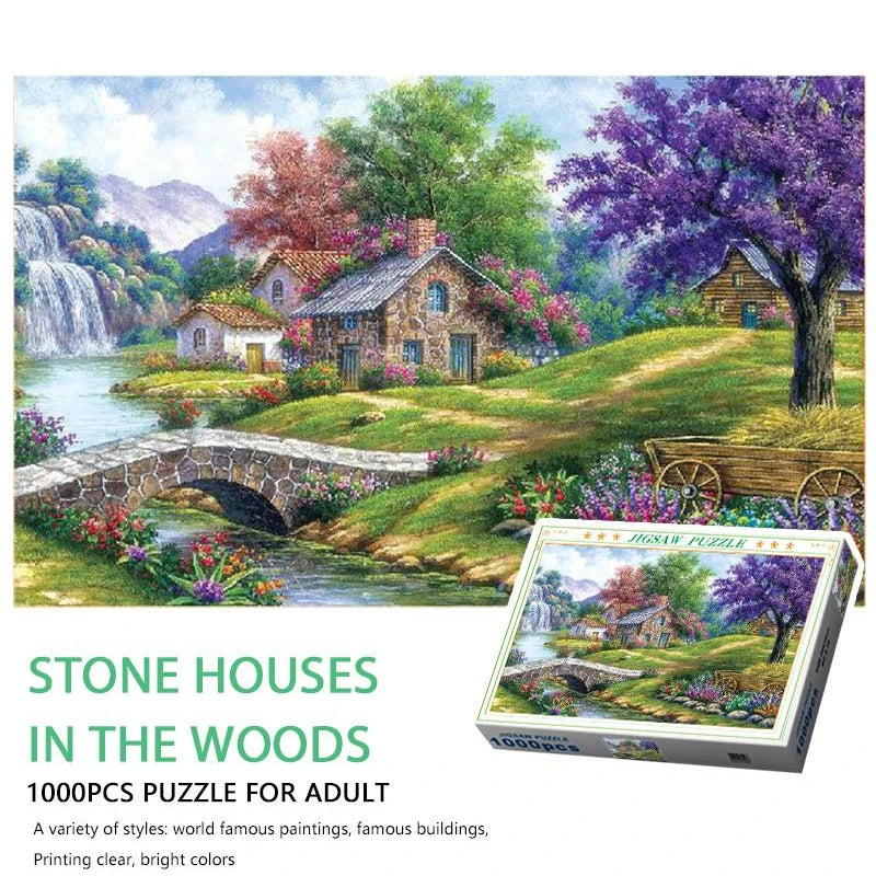 75*50cm Adult 1000PCS Paper Jigsaw Puzzle Stone Houses in The Woods Landscape Series Stress Relief Entertainment Children Toy