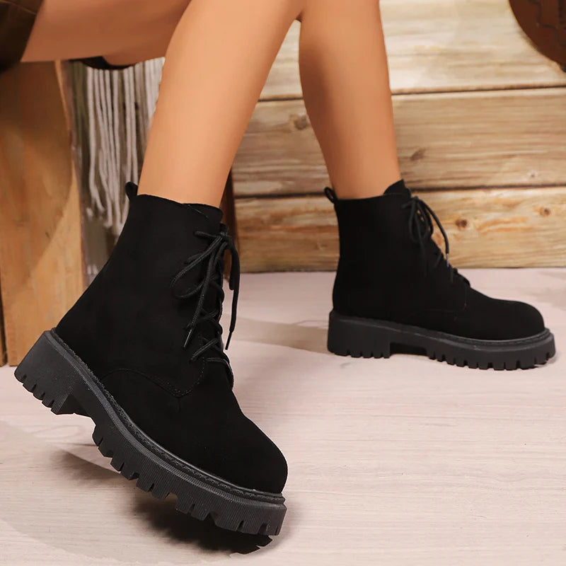 Retro Faux Suede Platform Ankle Boots Women Autumn Winter Plus Size Lace Up Shorts Booties Mujer Comfort Thick Sole Boots Woman