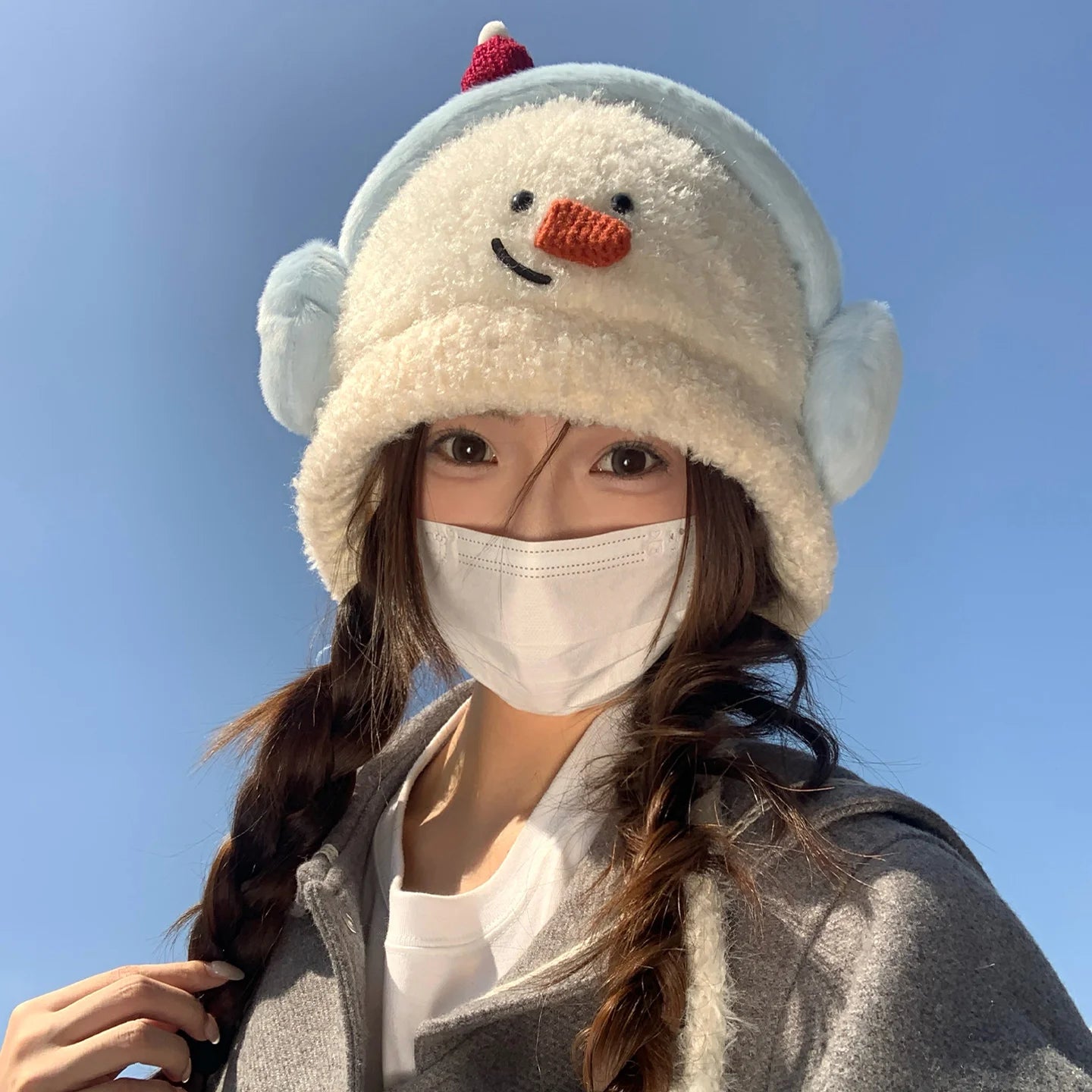 Cute Little Snowman Earmuffs Plush Hat Winter Thickening Warm Belt Adjustable Windproof Ear Protection Knitted Hat
