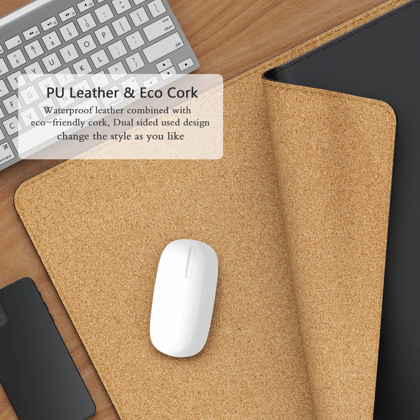 Black Cork Desk Mat Protector,Leather Desk Pad,Large Mouse Pad,Dual Sided Desk Mat,Desk Writing Pad for Office and Home
