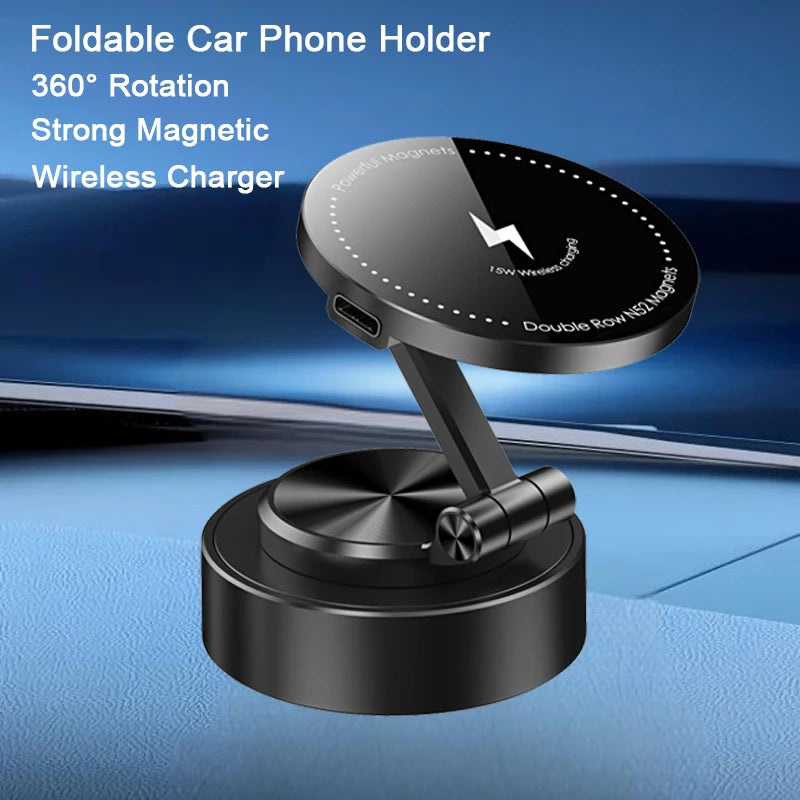 Magnetic Car Phone Holder Wireless Charger 360° Rotating Vacuum Mount Stand