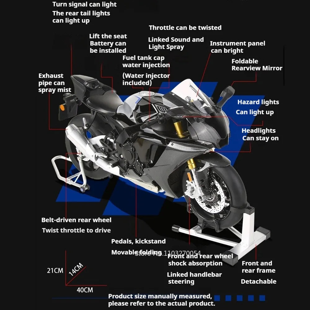 1:6 R1M Alloy Spray Motorcycle Diecast Toy Car Model with Light Wheel Damping Front Wheels Steerable Motorbike Boy Birthday Gift