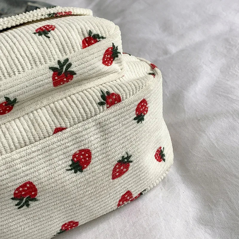 Korean Harajuku Shoulder Bag for Women Strawberry Pattern Trendy Crossbody Bag Corduroy Handbag Casual Multi-pocket Student Bag