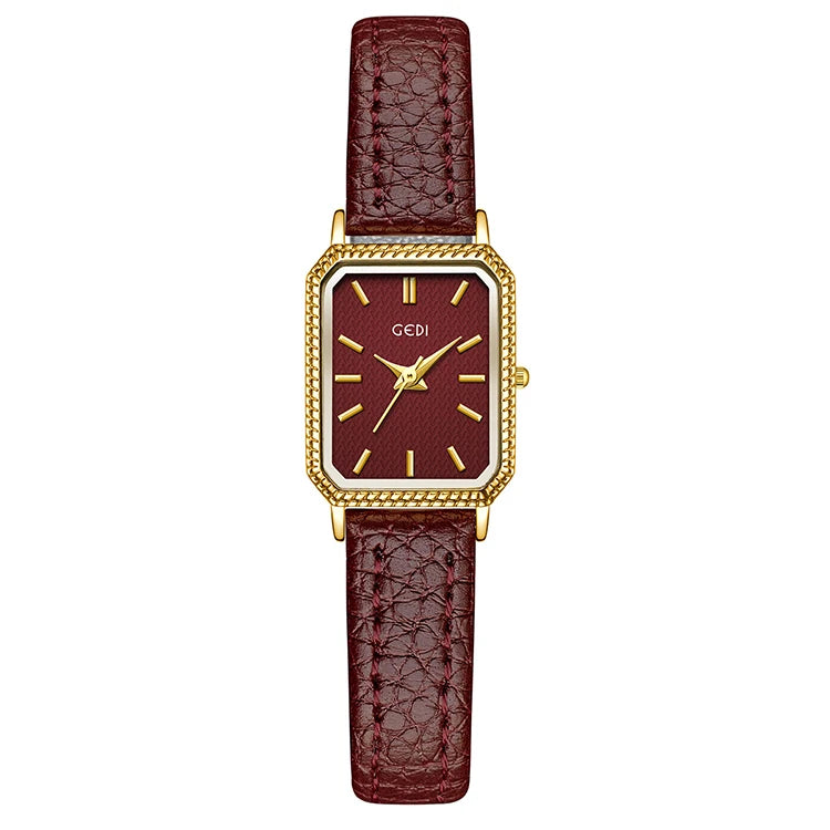 GEDI Ladies Small Wristwatches Elegant Square Vintage Watches for Woman Girlfriend Leather Strap Quartz Watch Gifts New