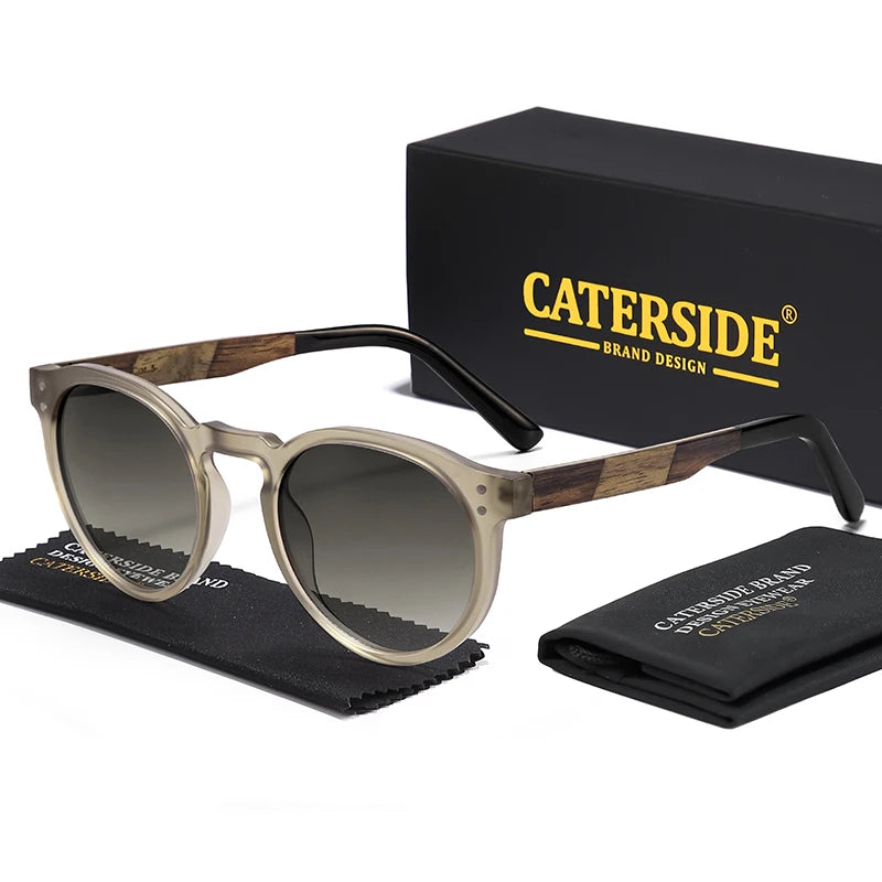 CATERSIDE Men's Round Sunglasses Solid Wood Temple High-Quality Spring Hinge Sun Glasses Women's Party Travel Eyewear UV400