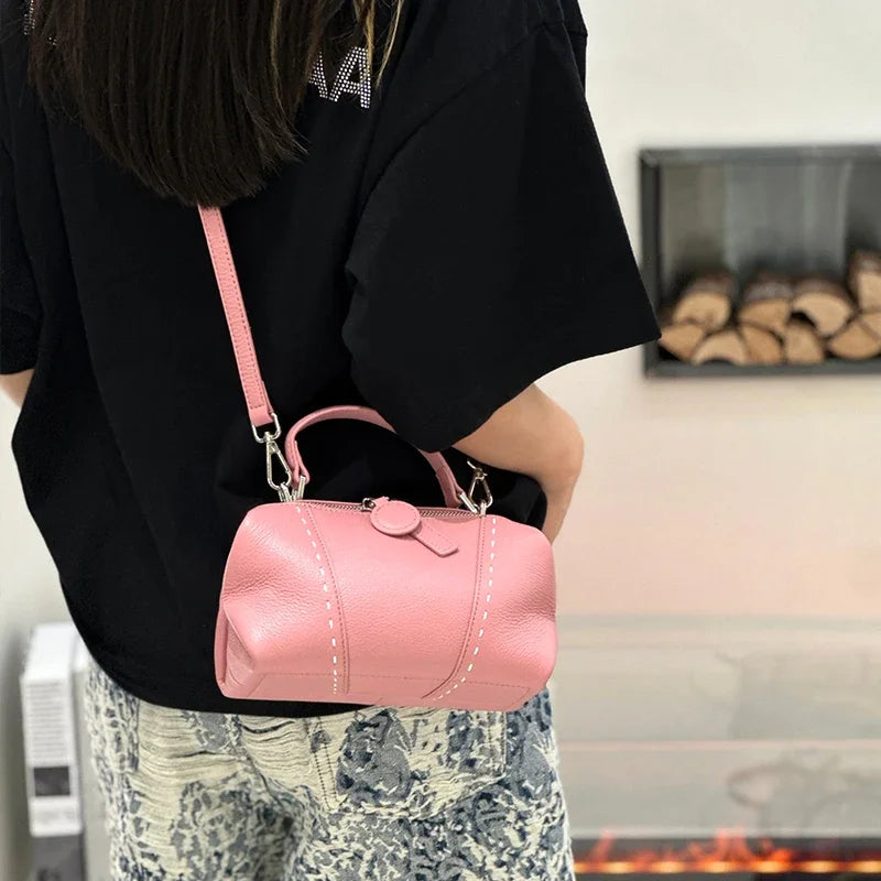 Genuine Cowhide Leather Mini Boston Bag for Women Luxury Designer Pebbled Leather Top Handle Crossbody Bag in Multi Colors