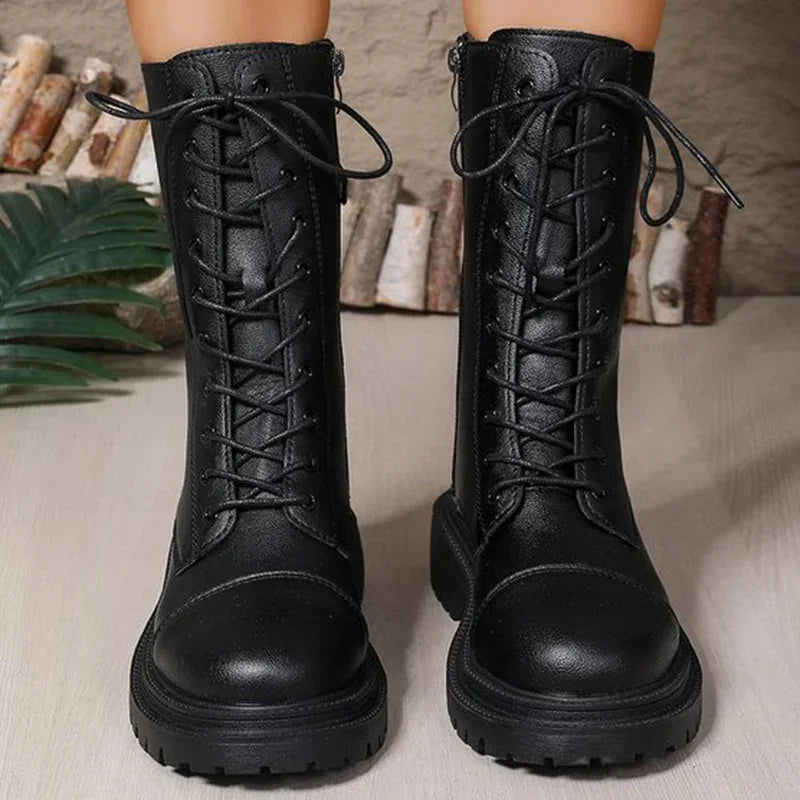 Fashion Solid Zip Mid Calf Boots for Women Autumn Winter Platform Heels Motorcycle Boots Women Temperament Lace-Up Shoes Woman
