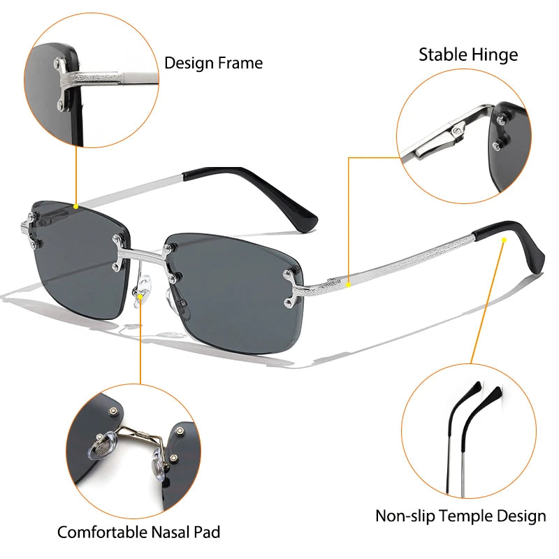 CATERSIDE Metal Rimless Frame Gradient Men's Sunglasses Punk Luxury Women Eyewear Small Rectangle Sun Glasses for UV400 Driving