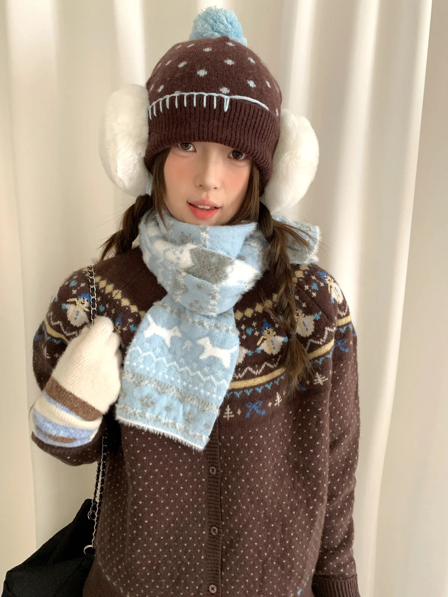 New Fair Lsle Cat Jacquard Knit Scarf For Women Autumn Winter Student Atmosphere Warmth Versatile Neckwear
