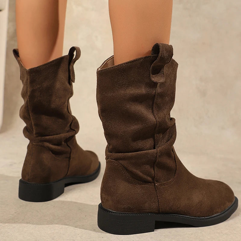 Autumn Winter Low Heel Mid Calf Boots Women 2025 Plus Size Slip On Western Boots Woman Vintage Pleated Design Flock Botas Mujer