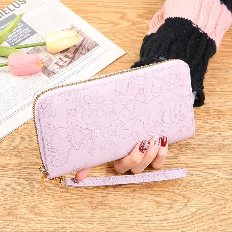 2026 New Floral Embossed Long Wallet PU Leather Credit Card Holder Simple Trendy Phone Bag Coin Purse for Women Hand-held Wallet