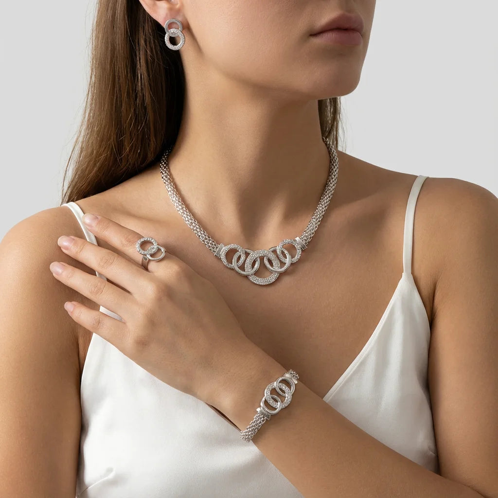 Luxury Rhinestone Interlocking Circle Jewelry Set for Women Trendy Gold Color Crystal Necklace Earrings Bracelet Ring Set Gifts