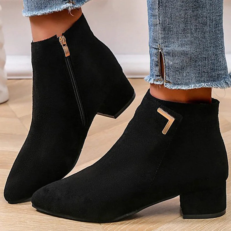 Spring Autumn Fashion Faux Suede Ankle Boots Women Solid Color Zipper Boots Woman Metal Decoration Pointed Toe Botas Lady