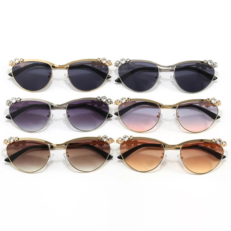 JNPCXI Cat Eye Punk Rhinestones Sunglasses Women Luxury Brand Metal Frame Sun Glasses for Lady Fashion Outdoor Eyewear Shades