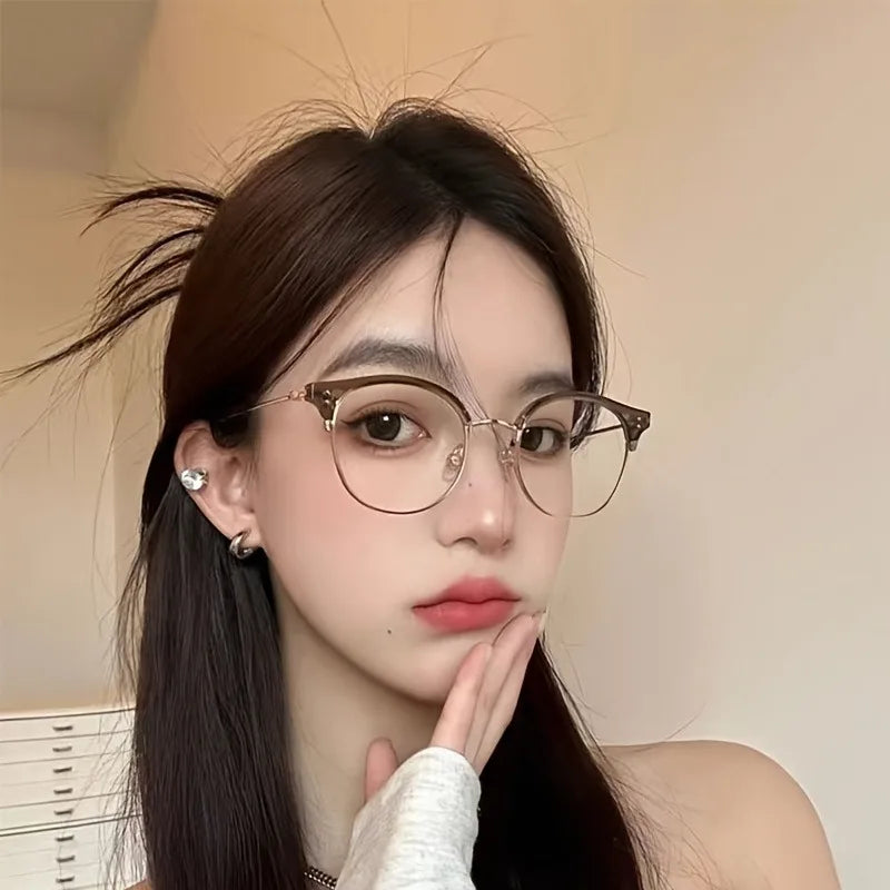Minimalist Half Rim Round Frame Stylish with Elegant Ear Studs Fashion Glasses Minimalist Style Elegant Glasses