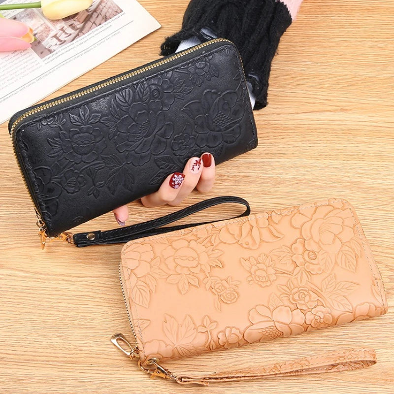 2026 New Floral Embossed Long Wallet PU Leather Credit Card Holder Simple Trendy Phone Bag Coin Purse for Women Hand-held Wallet