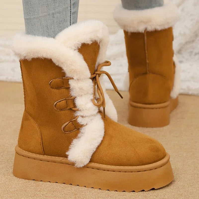 Lace Up Long Plush Snow Boots Women Plus Size 42 Thick Sole Warm Cotton Padded Shoes Woman Thicken Fleece Ankle Boots Female