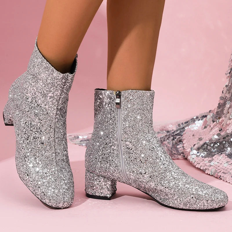 Women's Sparkling Silvers Glitter Ankle Boots Fashion Chunky Mid Heel Zipper Short Boots Women Round Toe Plus Size Botas Mujer