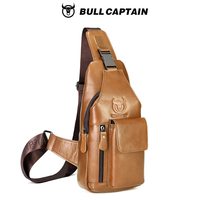 BULLCAPTAIN Men's Leather Breast Bag Fashion Casual Multifunctional Off-Road Crossbody Bag Business Tablet Mobile Leather Bag