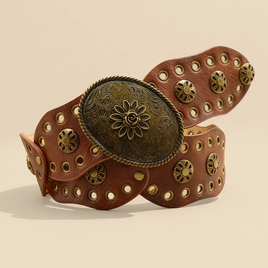 Vintage Flower Metal Buckle Wide Belt Brown Hollow Rivet Women's Waist Cinch Leather Belt Retro Distressed Style