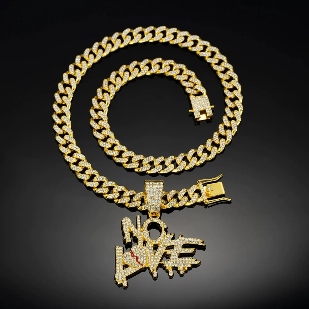 Men Women Hip Hop No Love Heart Letter Pendant Necklace with 13mm Cuban Chain Iced Out Bling Hiphop Necklaces Charm Jewelry Gift