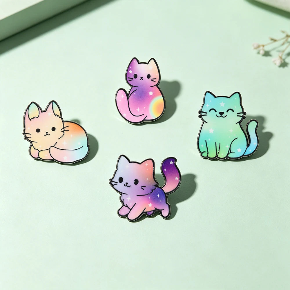 4 Pcs Cute Rainbow Galaxy Cat Enamel Pins Kawaii Cartoon Brooches Animal Lapel Badges Jewelry Gifts for Cat Lovers & Pride Acces