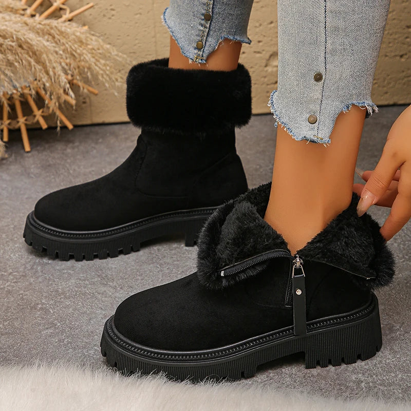 Fluffy Fleece Lined Platform Ankle Boots Women Plus Size 42 Faux Fur Snow Boots Woman Comfy Thick Sole Flock Winter Botas Mujer