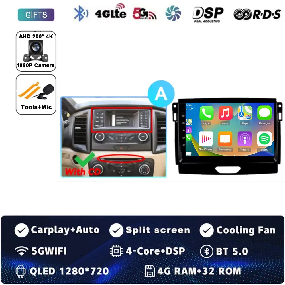 For Ford Ranger 2015 2016 2017 2018 2019-2022 Android 16 Car Radio Stereo QLED Screen GPS Multimedia Carplay Autoradio Head unit