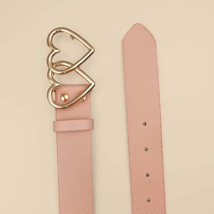 Y2K Millennium Trendy Pink & White Pu Versatile Belt, Dual Heart-Shaped Metal Buckle, Fits Jeans/Skirts/Casual Pants