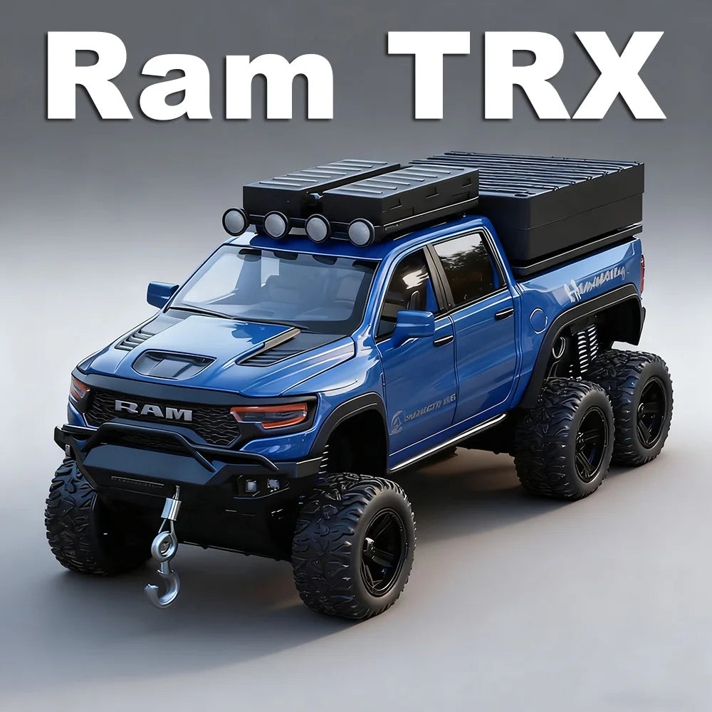 1:32 Scale Ram TRX Mammoth Pickup Car Model Diecast Alloy Toys with Sound Light Pull Back Doors Opened Camper Van Children's Toy
