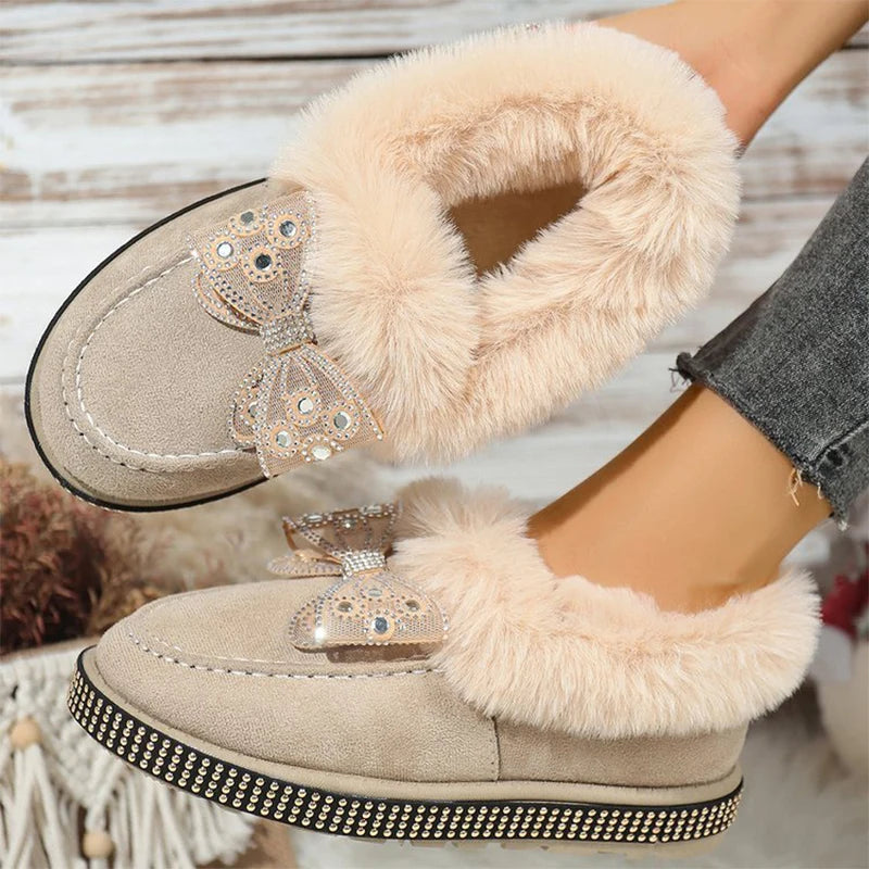 Bowknot Crystal Detor Snow Boot Women Winter Slip On Furry Snow Boots for Woman Round Toe Short Plush Warm Booties Laides