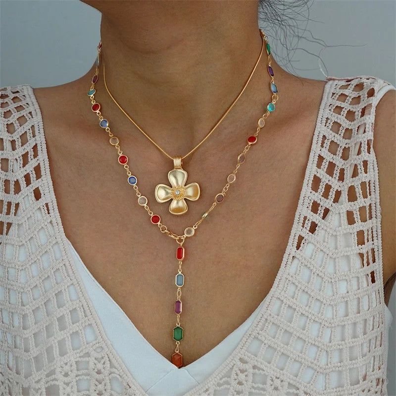 New Elegant Cute Bow Pendant Necklace Set for Women Classic Simple Design Flower Multi-layer Necklaces Daily Party Jewelry Gift