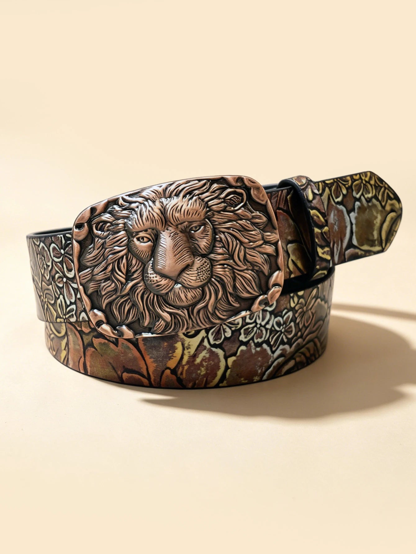 Vintage Lion Head Engraved Belt, Antique Bronze Buckle Men's Floral Embossed Cowboy Waistband