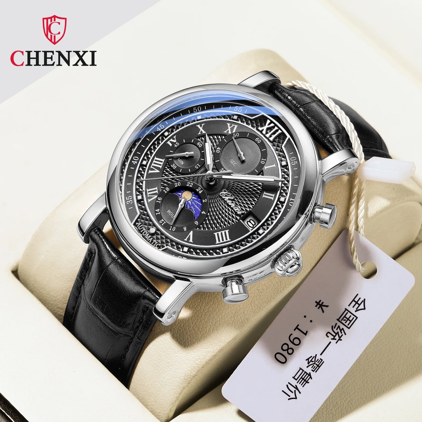 Chenxi Men' Leather Chronograph Phase of The Moon Luminous Quartz Watch blueFace