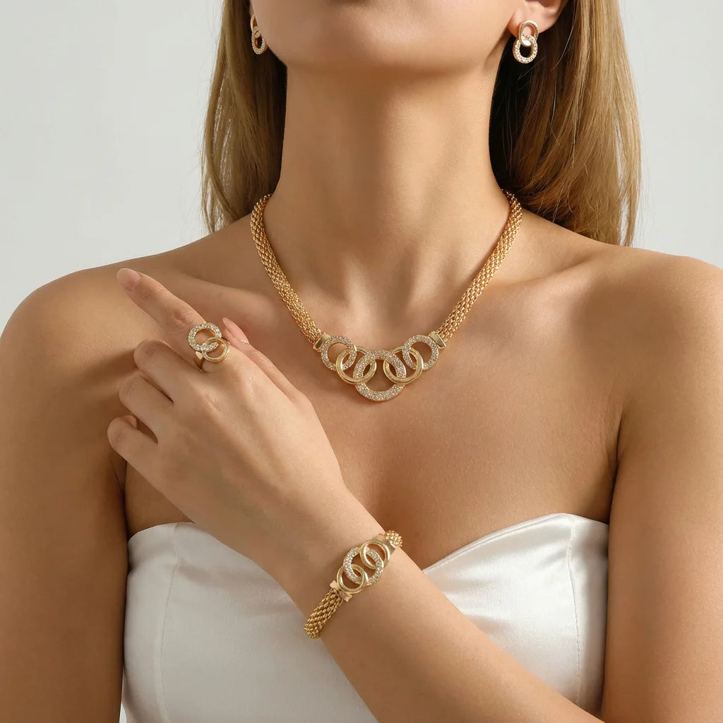Luxury Rhinestone Interlocking Circle Jewelry Set for Women Trendy Gold Color Crystal Necklace Earrings Bracelet Ring Set Gifts